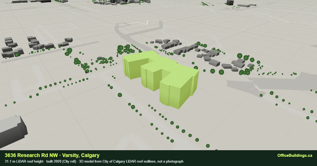 3D render of 3636 Research Rd NW, a 31.1 m mid-rise office building in Varsity, Calgary, modelled from City of Calgary LiDAR
