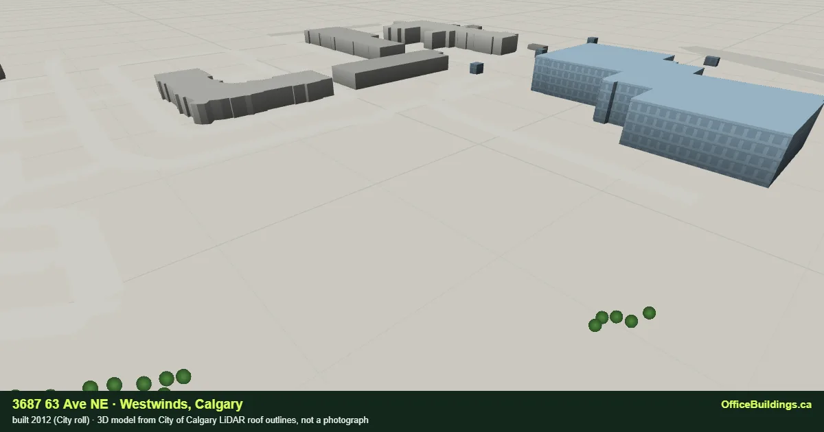 3D render of 3687 63 Ave NE, a building in Westwinds, Calgary, modelled from City of Calgary LiDAR