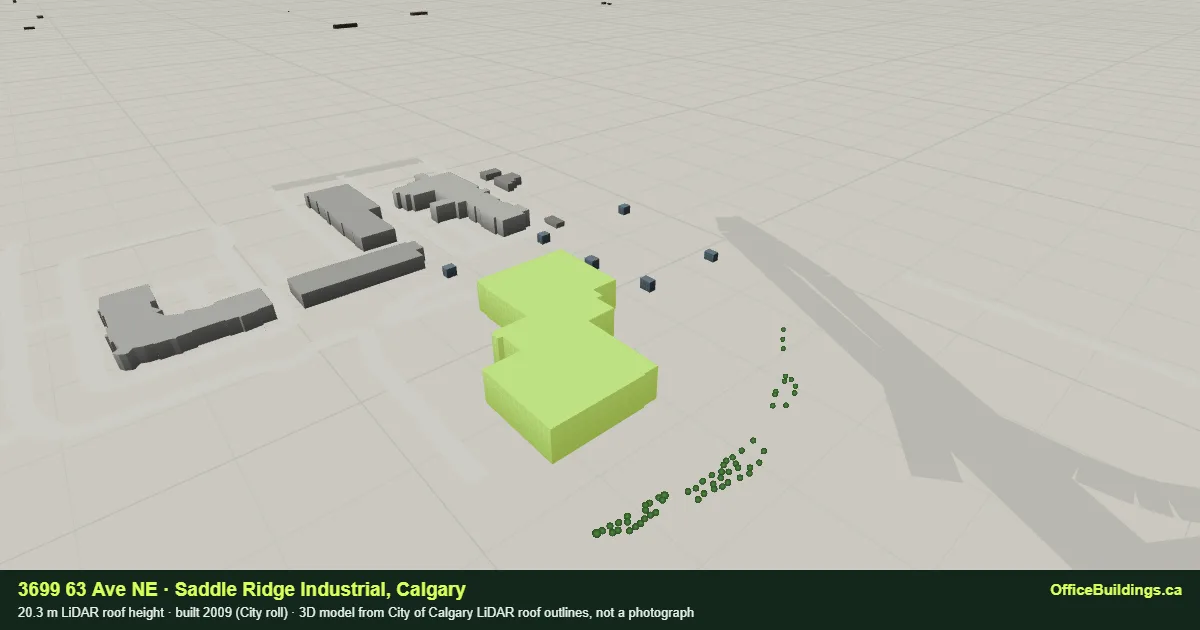 3D render of 3699 63 Ave NE, a 20.3 m mid-rise office building in Saddle Ridge Industrial, Calgary, modelled from City of Calgary LiDAR