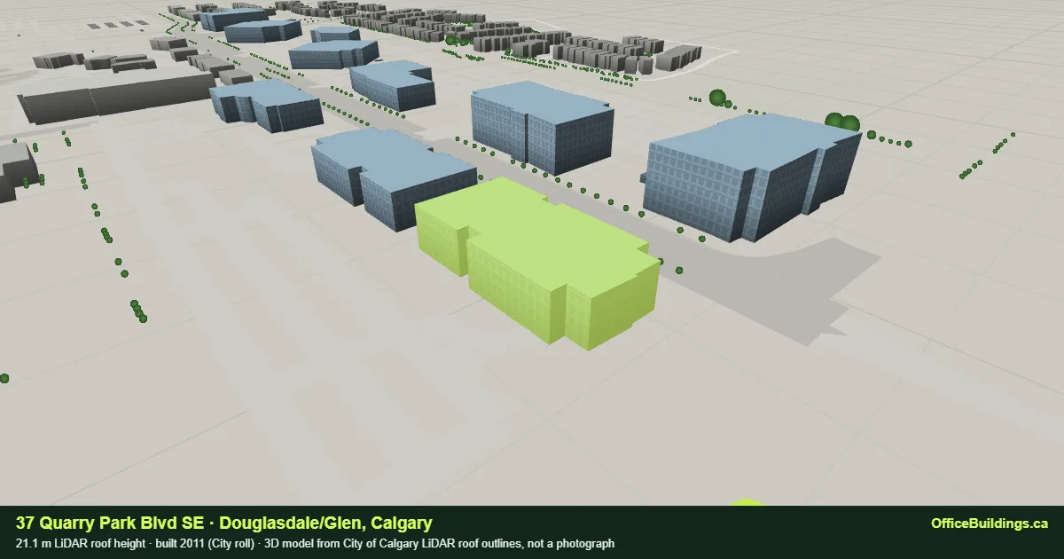 3D render of 37 Quarry Park Blvd SE, a 21.1 m mid-rise office building in Douglasdale/Glen, Calgary, modelled from City of Calgary LiDAR