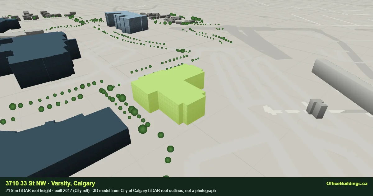 3D render of 3710 33 St NW, a 21.9 m mid-rise office building in Varsity, Calgary, modelled from City of Calgary LiDAR