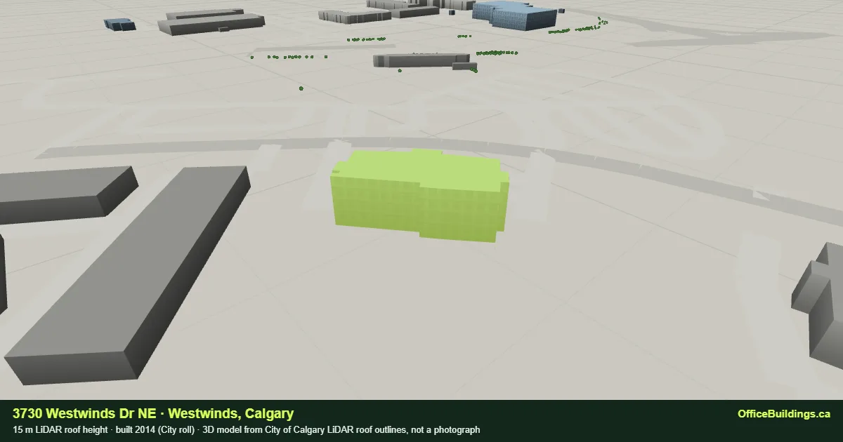 3D render of 3730 Westwinds Dr NE, a 15 m mid-rise office building in Westwinds, Calgary, modelled from City of Calgary LiDAR