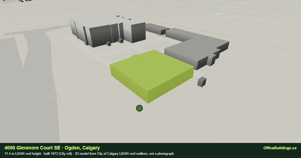 3D render of 4000 Glenmore Court SE, an 11.4 m low-rise office building in Ogden, Calgary, modelled from City of Calgary LiDAR