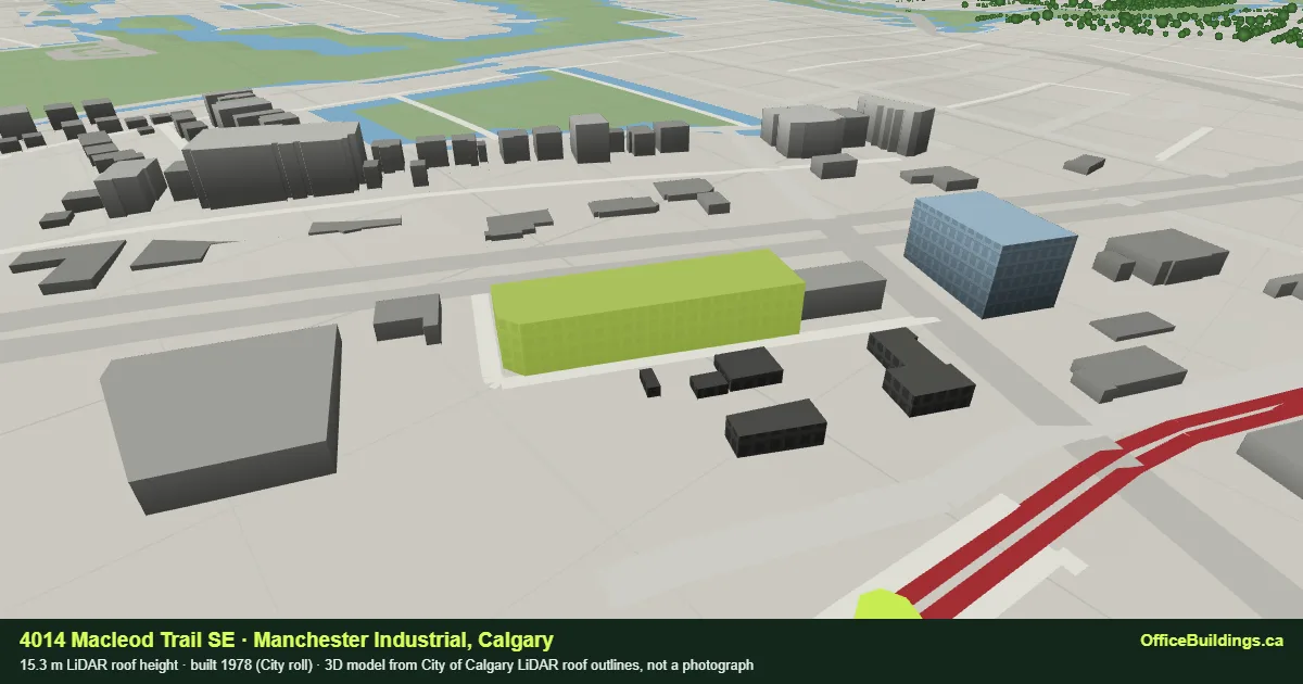 3D render of 4014 Macleod Trail SE, a 15.3 m mid-rise office building in Manchester Industrial, Calgary, modelled from City of Calgary LiDAR
