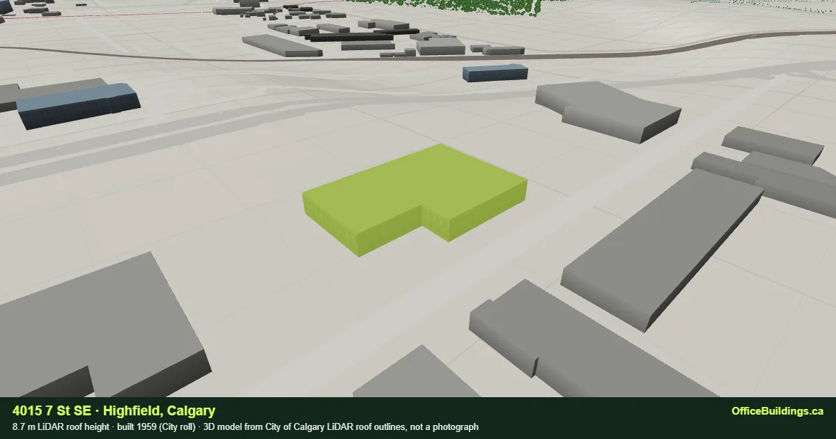3D render of 4015 7 St SE, an 8.7 m low-rise office building in Highfield, Calgary, modelled from City of Calgary LiDAR
