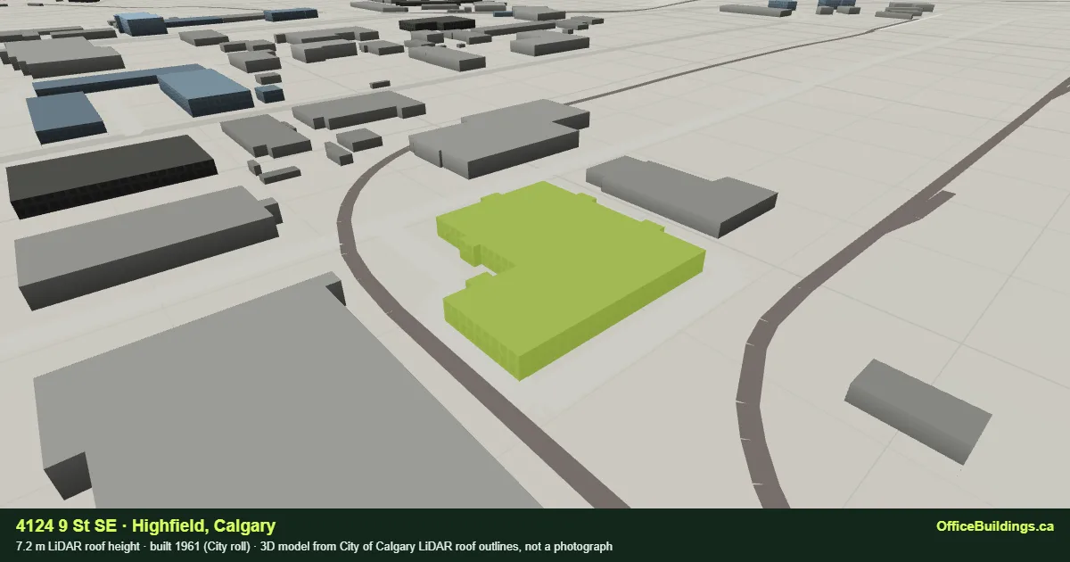 3D render of 4124 9 St SE, a 7.2 m low-rise office building in Highfield, Calgary, modelled from City of Calgary LiDAR