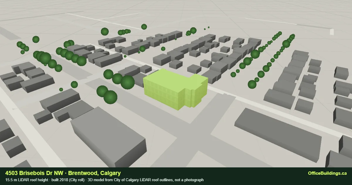 3D render of 4503 Brisebois Dr NW, a 15.5 m mid-rise office building in Brentwood, Calgary, modelled from City of Calgary LiDAR