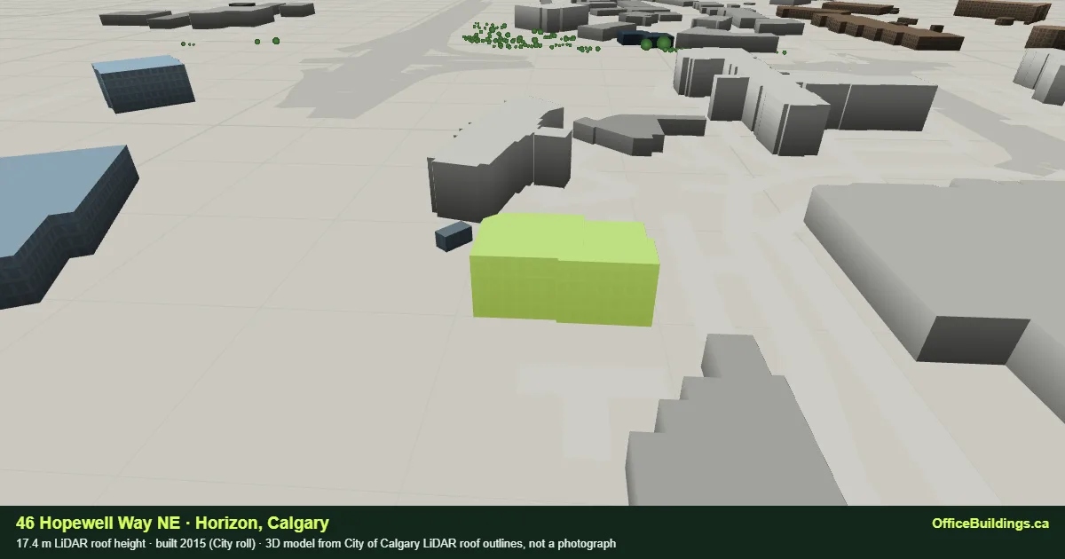3D render of 46 Hopewell Way NE, a 17.4 m mid-rise office building in Horizon, Calgary, modelled from City of Calgary LiDAR