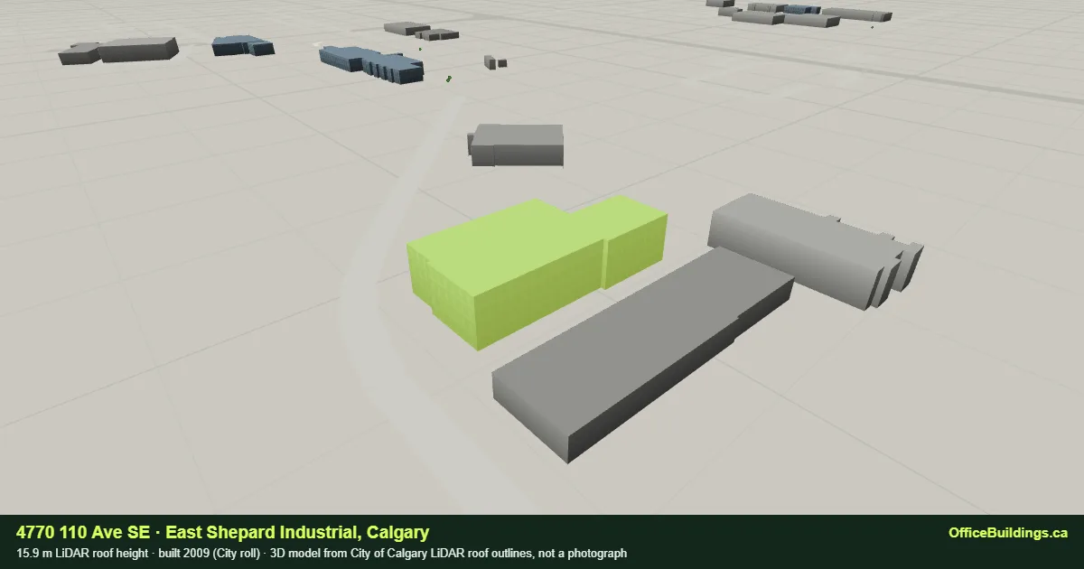 3D render of 4770 110 Ave SE, a 15.9 m mid-rise office building in East Shepard Industrial, Calgary, modelled from City of Calgary LiDAR