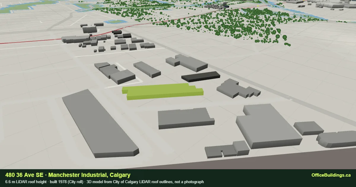 3D render of 480 36 Ave SE, a 6.6 m low-rise office building in Manchester Industrial, Calgary, modelled from City of Calgary LiDAR