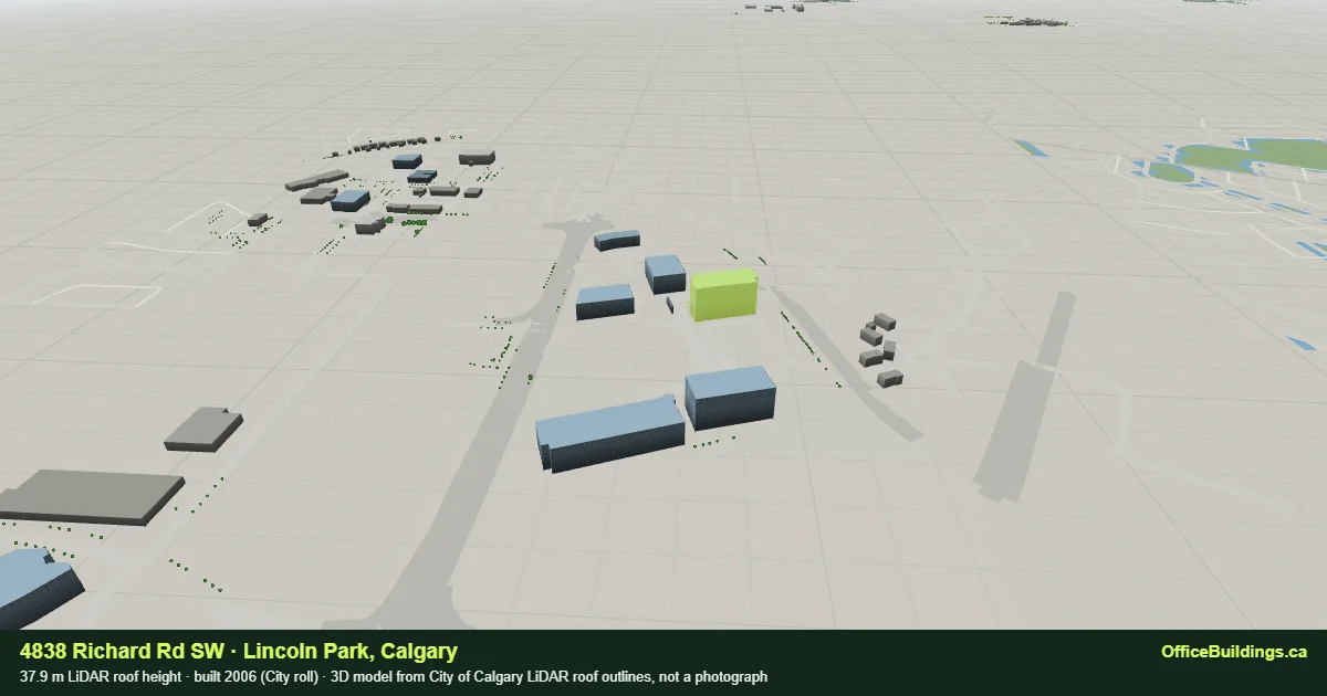 3D render of 4838 Richard Rd SW, a 37.9 m multi-building campus parcel in Lincoln Park, Calgary, modelled from City of Calgary LiDAR