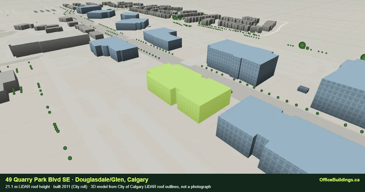 3D render of 49 Quarry Park Blvd SE, a 21.1 m mid-rise office building in Douglasdale/Glen, Calgary, modelled from City of Calgary LiDAR