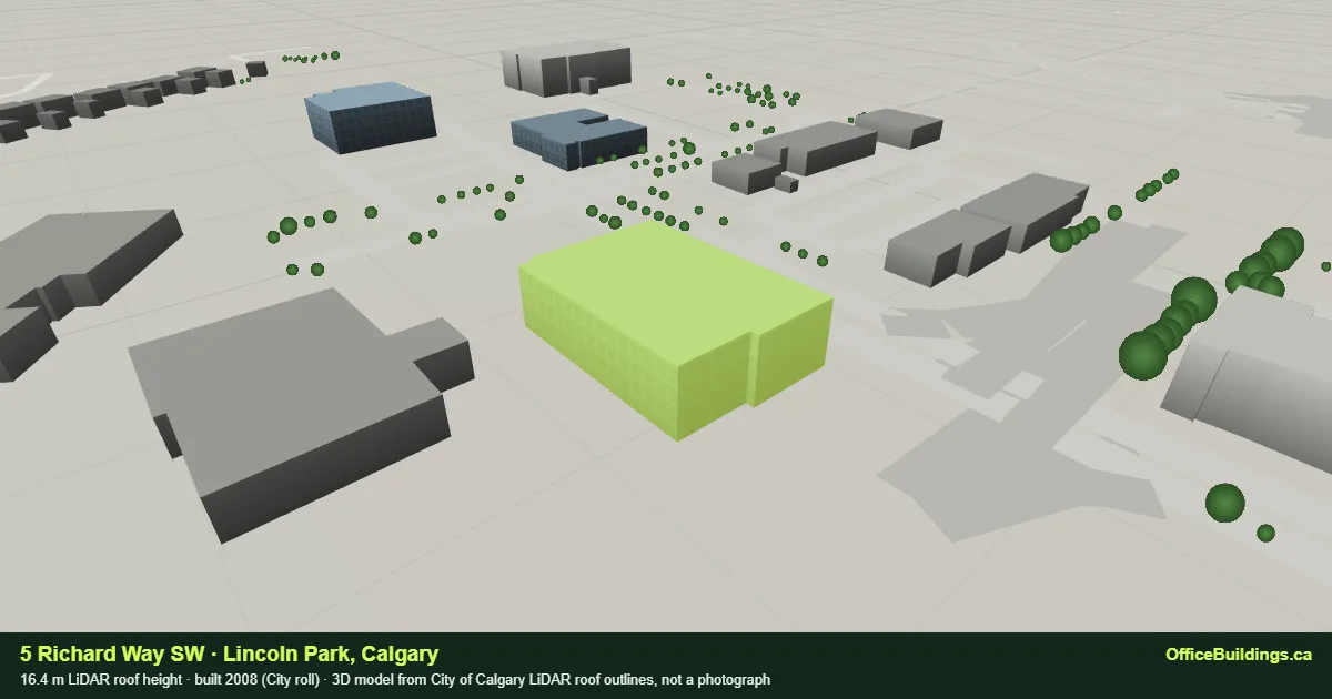 3D render of 5 Richard Way SW, a 16.4 m mid-rise office building in Lincoln Park, Calgary, modelled from City of Calgary LiDAR