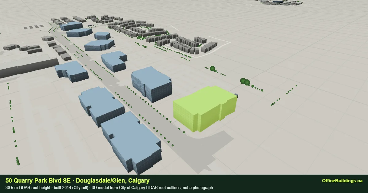 3D render of 50 Quarry Park Blvd SE, a 30.5 m mid-rise office building in Douglasdale/Glen, Calgary, modelled from City of Calgary LiDAR