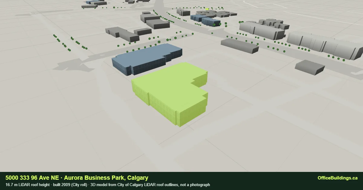 3D render of 5000 333 96 Ave NE, a 16.7 m mid-rise office building in Aurora Business Park, Calgary, modelled from City of Calgary LiDAR