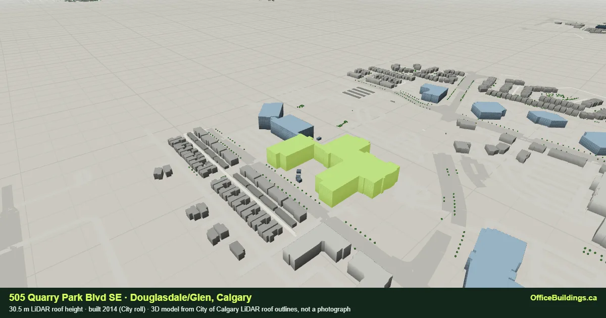 3D render of 505 Quarry Park Blvd SE, a 30.5 m multi-building campus parcel in Douglasdale/Glen, Calgary, modelled from City of Calgary LiDAR
