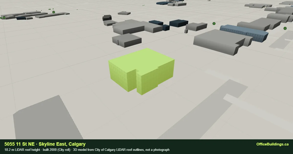 3D render of 5055 11 St NE, an 18.2 m mid-rise office building in Skyline East, Calgary, modelled from City of Calgary LiDAR
