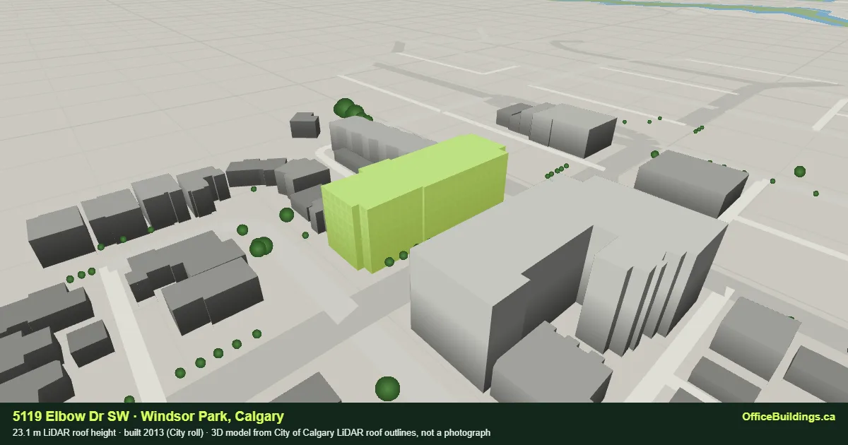 3D render of 5119 Elbow Dr SW, a 23.1 m mid-rise office building in Windsor Park, Calgary, modelled from City of Calgary LiDAR