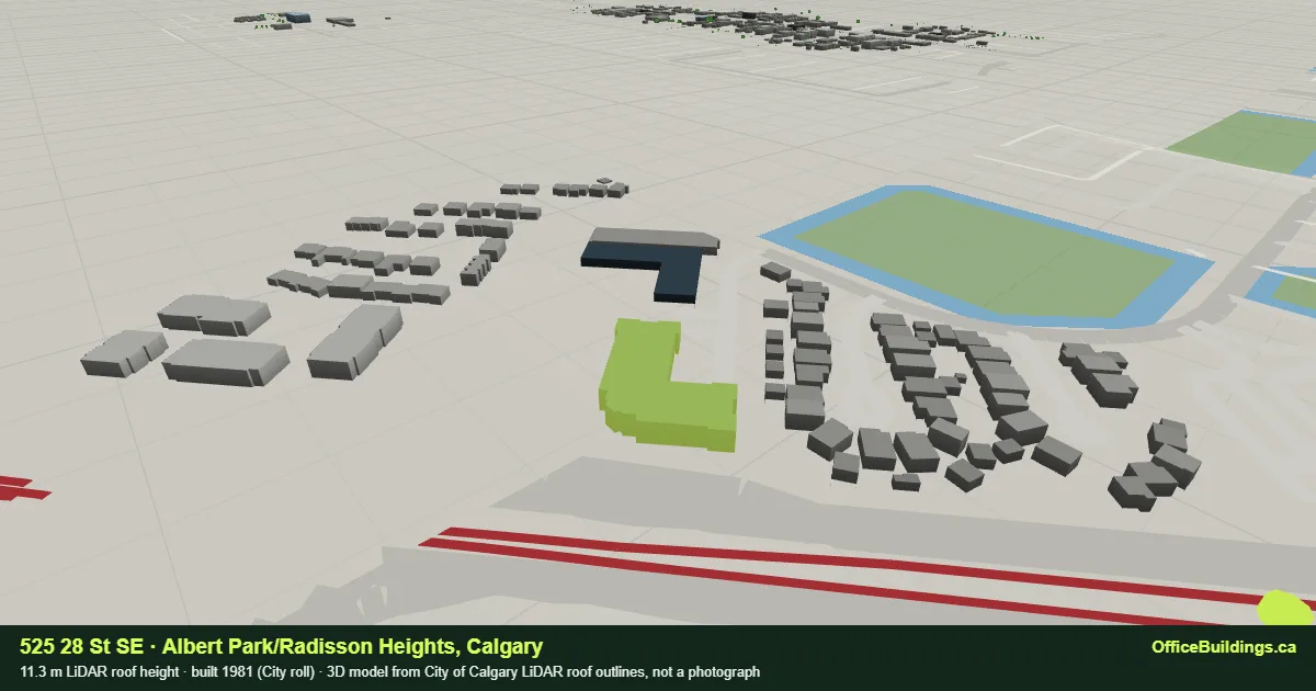 3D render of 525 28 St SE, an 11.3 m low-rise office building in Albert Park/Radisson Heights, Calgary, modelled from City of Calgary LiDAR