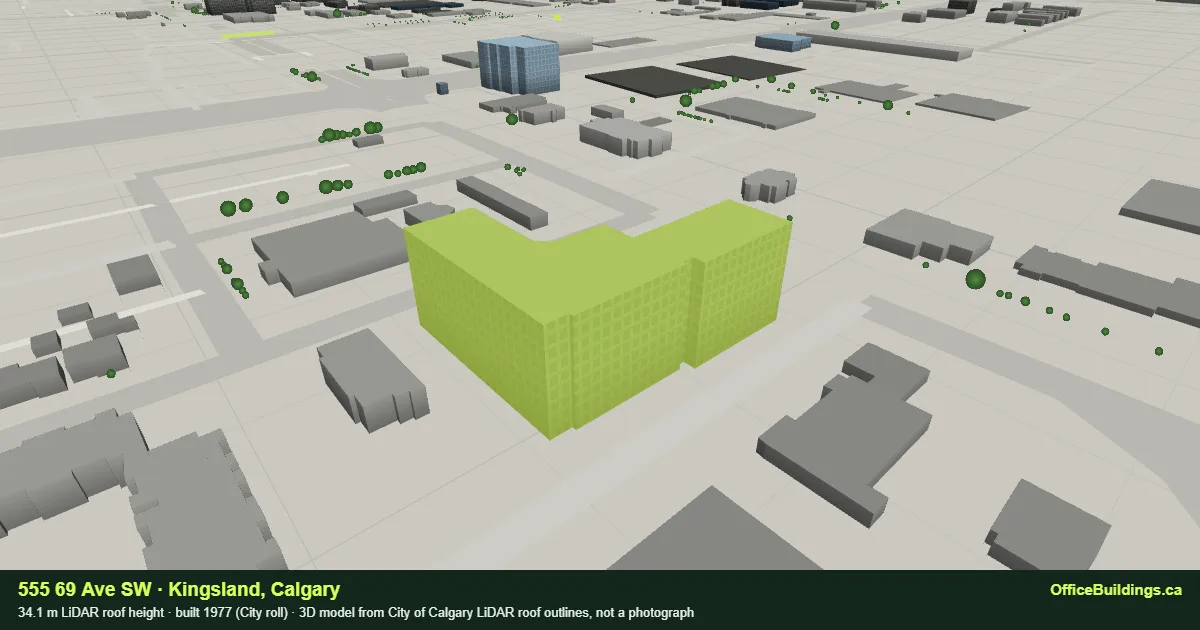 3D render of 555 69 Ave SW, a 34.1 m mid-rise office building in Kingsland, Calgary, modelled from City of Calgary LiDAR