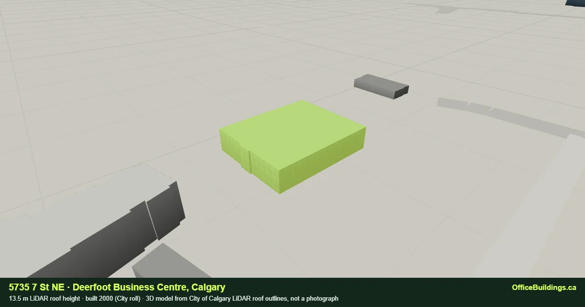 3D render of 5735 7 St NE, a 13.5 m low-rise office building in Deerfoot Business Centre, Calgary, modelled from City of Calgary LiDAR