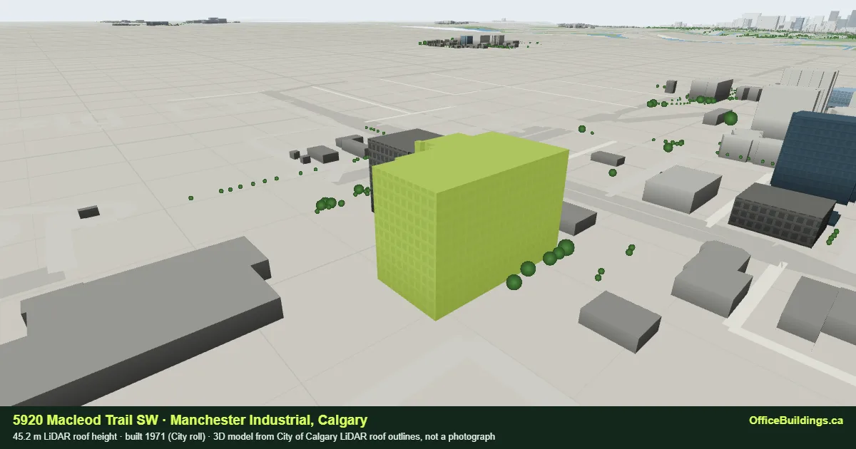 3D render of 5920 Macleod Trail SW, a 45.2 m high-rise office building in Manchester Industrial, Calgary, modelled from City of Calgary LiDAR