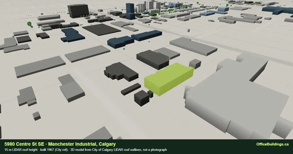 3D render of 5980 Centre St SE, a 15 m mid-rise office building in Manchester Industrial, Calgary, modelled from City of Calgary LiDAR