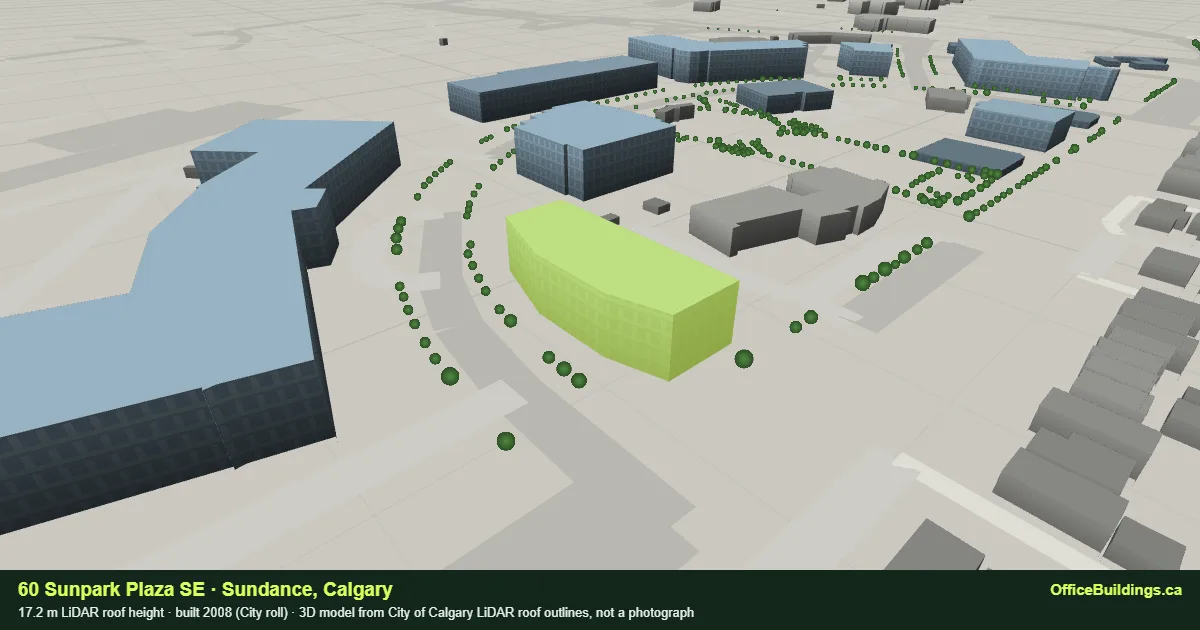 3D render of 60 Sunpark Plaza SE, a 17.2 m mid-rise office building in Sundance, Calgary, modelled from City of Calgary LiDAR
