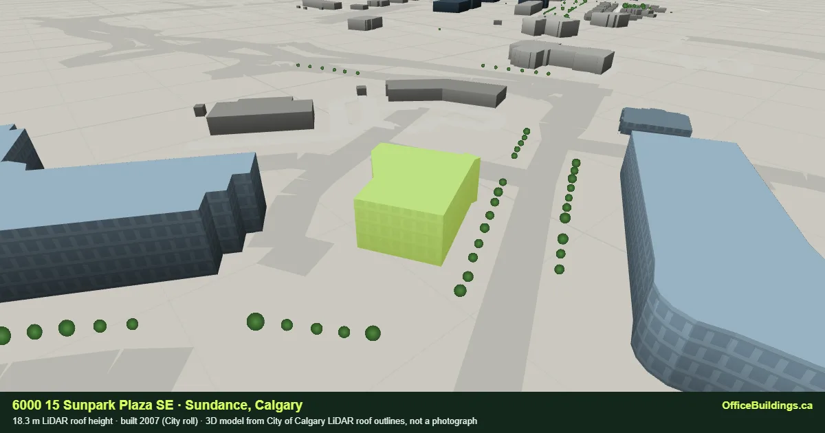 3D render of 6000 15 Sunpark Plaza SE, an 18.3 m mid-rise office building in Sundance, Calgary, modelled from City of Calgary LiDAR