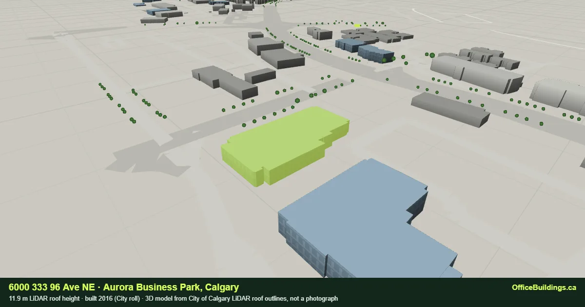 3D render of 6000 333 96 Ave NE, an 11.9 m low-rise office building in Aurora Business Park, Calgary, modelled from City of Calgary LiDAR