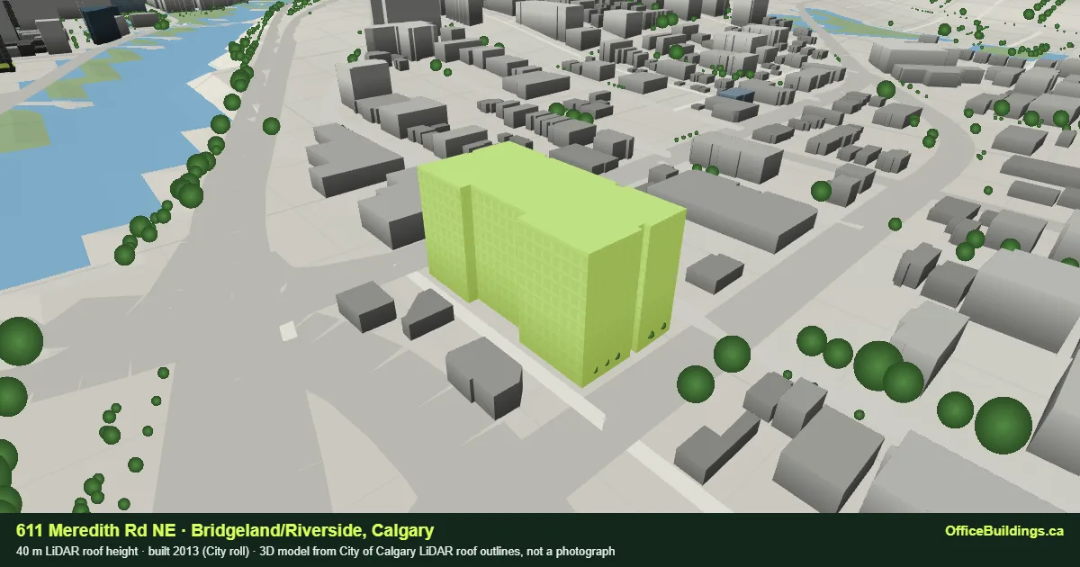 3D render of 611 Meredith Rd NE, a 40 m mid-rise office building in Bridgeland/Riverside, Calgary, modelled from City of Calgary LiDAR