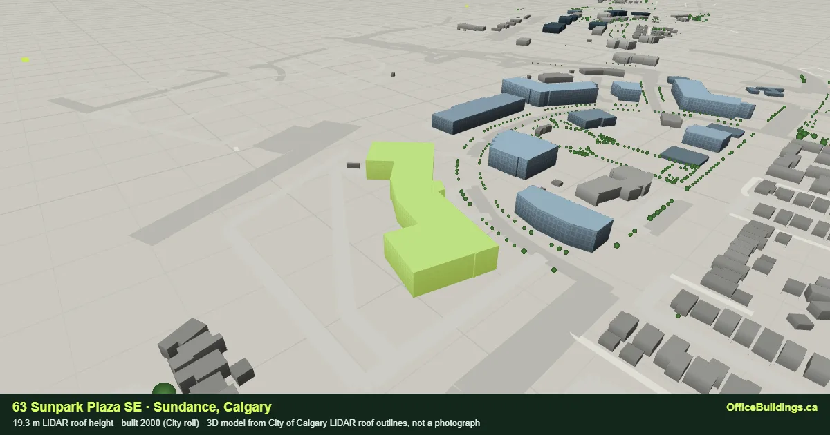 3D render of 63 Sunpark Plaza SE, a 19.3 m mid-rise office building in Sundance, Calgary, modelled from City of Calgary LiDAR