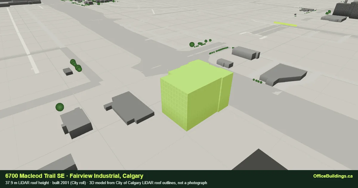 3D render of 6700 Macleod Trail SE, a 37.9 m mid-rise office building in Fairview Industrial, Calgary, modelled from City of Calgary LiDAR