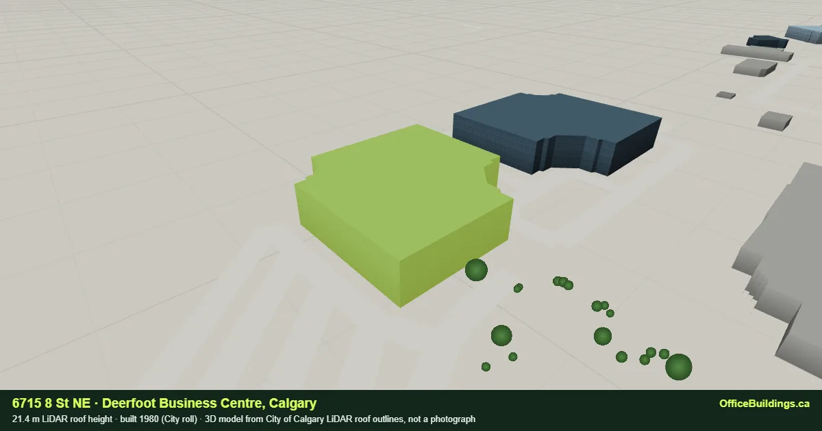 3D render of 6715 8 St NE, a 21.4 m mid-rise office building in Deerfoot Business Centre, Calgary, modelled from City of Calgary LiDAR