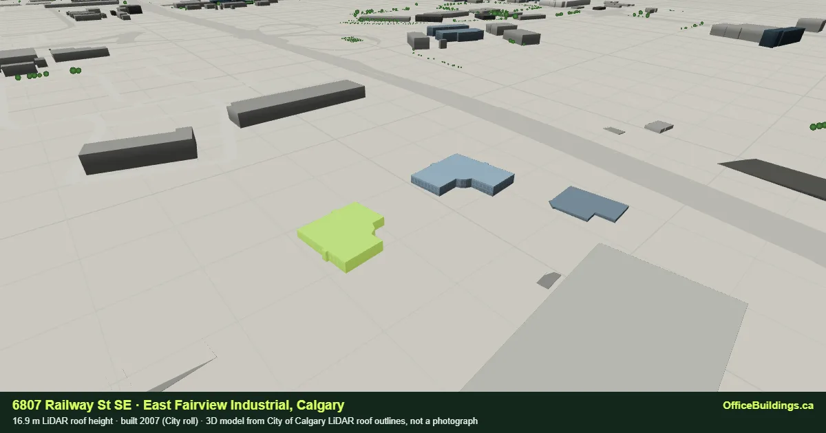 3D render of 6807 Railway St SE, a 16.9 m mid-rise office building in East Fairview Industrial, Calgary, modelled from City of Calgary LiDAR