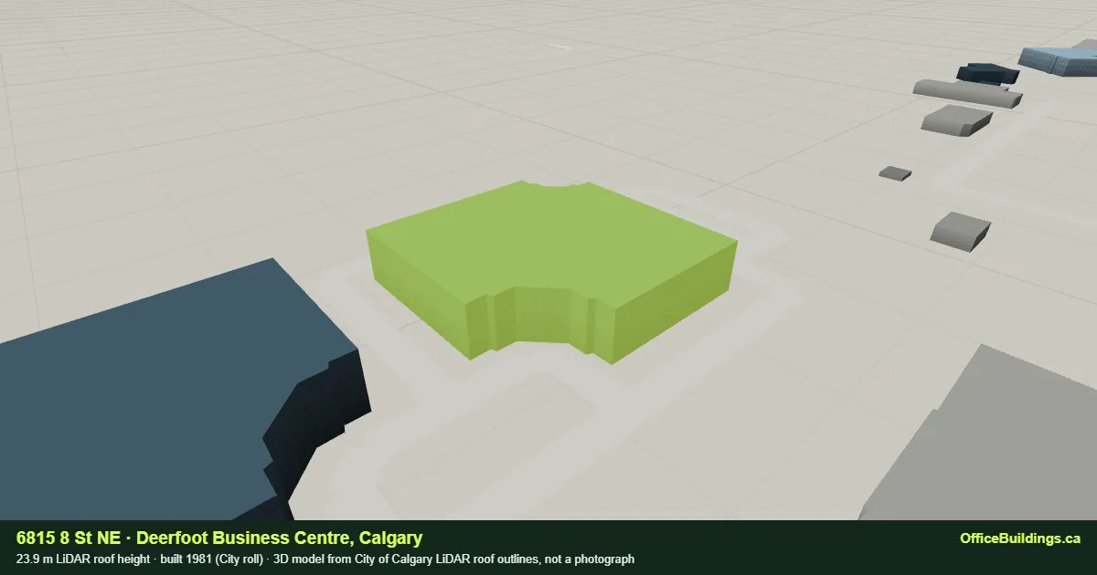 3D render of 6815 8 St NE, a 23.9 m mid-rise office building in Deerfoot Business Centre, Calgary, modelled from City of Calgary LiDAR
