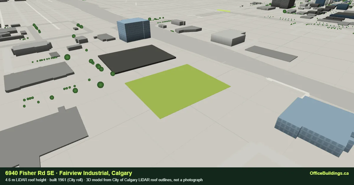 3D render of 6940 Fisher Rd SE, a 4.6 m low-rise office building in Fairview Industrial, Calgary, modelled from City of Calgary LiDAR
