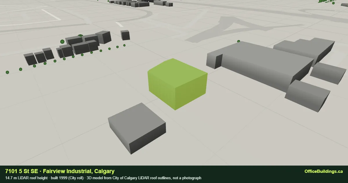 3D render of 7101 5 St SE, a 14.7 m low-rise office building in Fairview Industrial, Calgary, modelled from City of Calgary LiDAR
