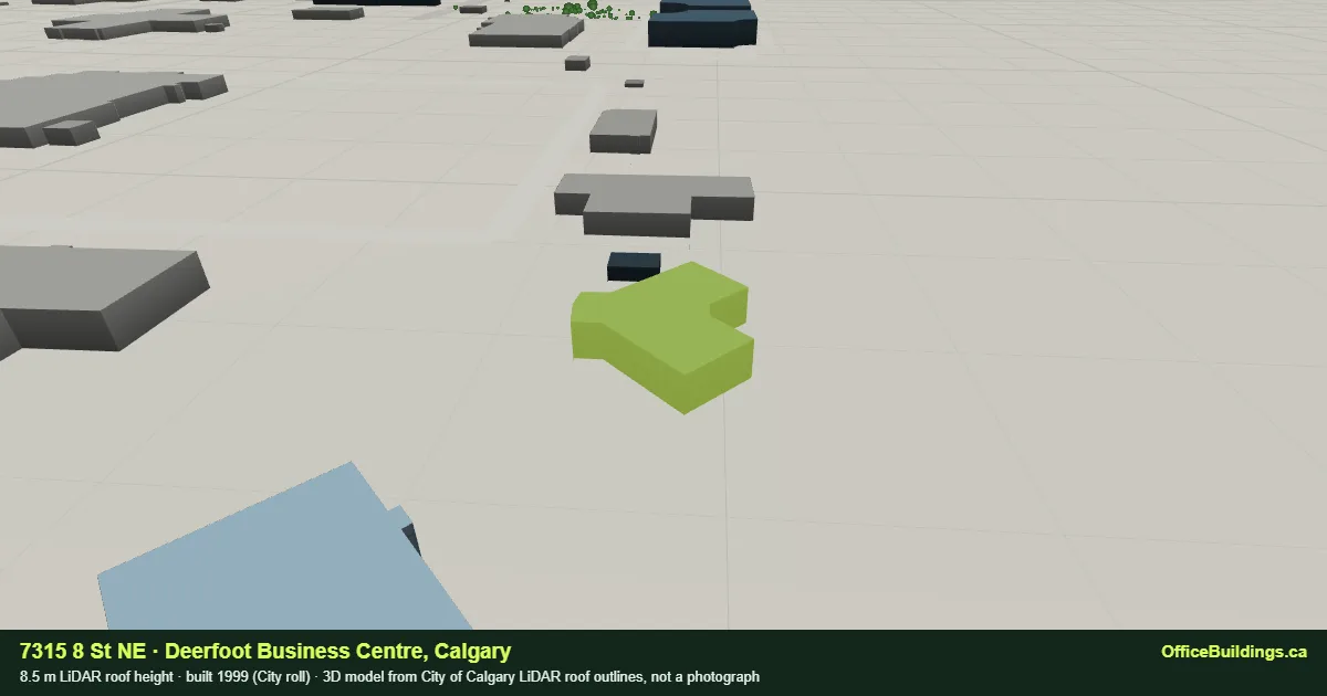 3D render of 7315 8 St NE, an 8.5 m low-rise office building in Deerfoot Business Centre, Calgary, modelled from City of Calgary LiDAR