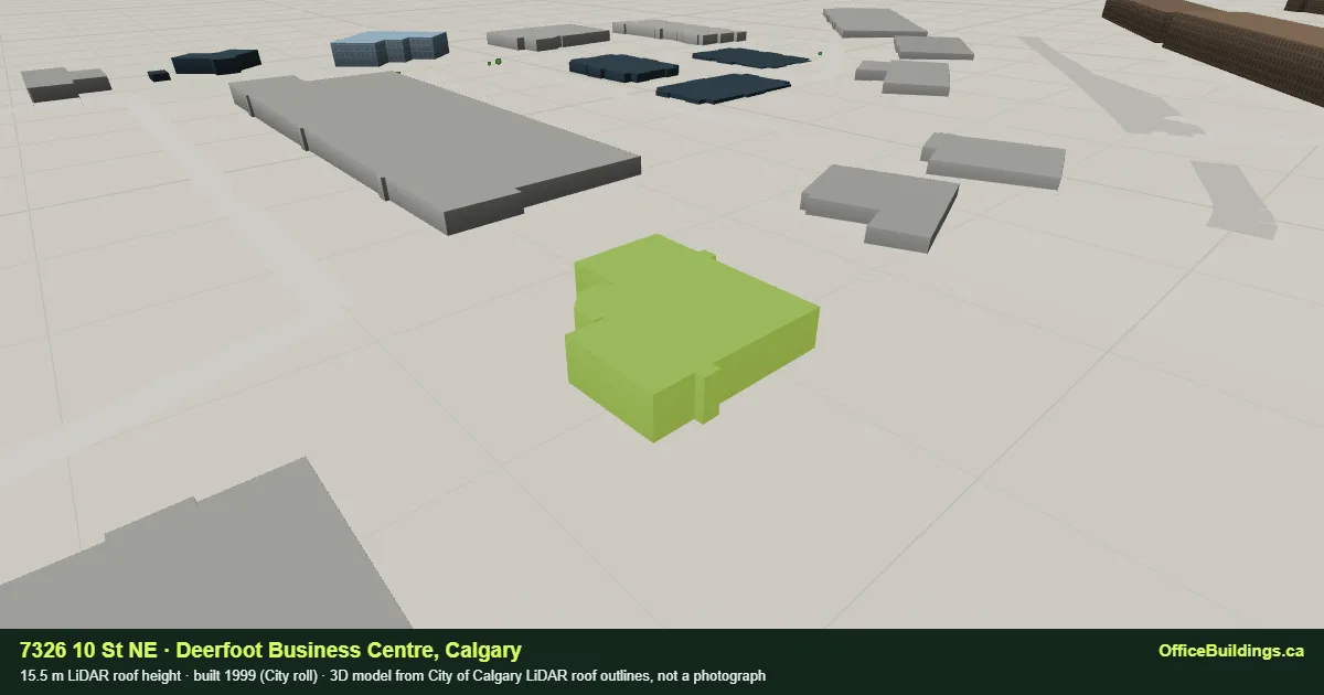 3D render of 7326 10 St NE, a 15.5 m mid-rise office building in Deerfoot Business Centre, Calgary, modelled from City of Calgary LiDAR