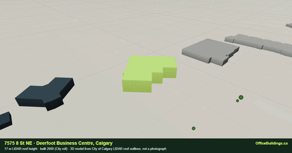 3D render of 7575 8 St NE, a 17 m mid-rise office building in Deerfoot Business Centre, Calgary, modelled from City of Calgary LiDAR