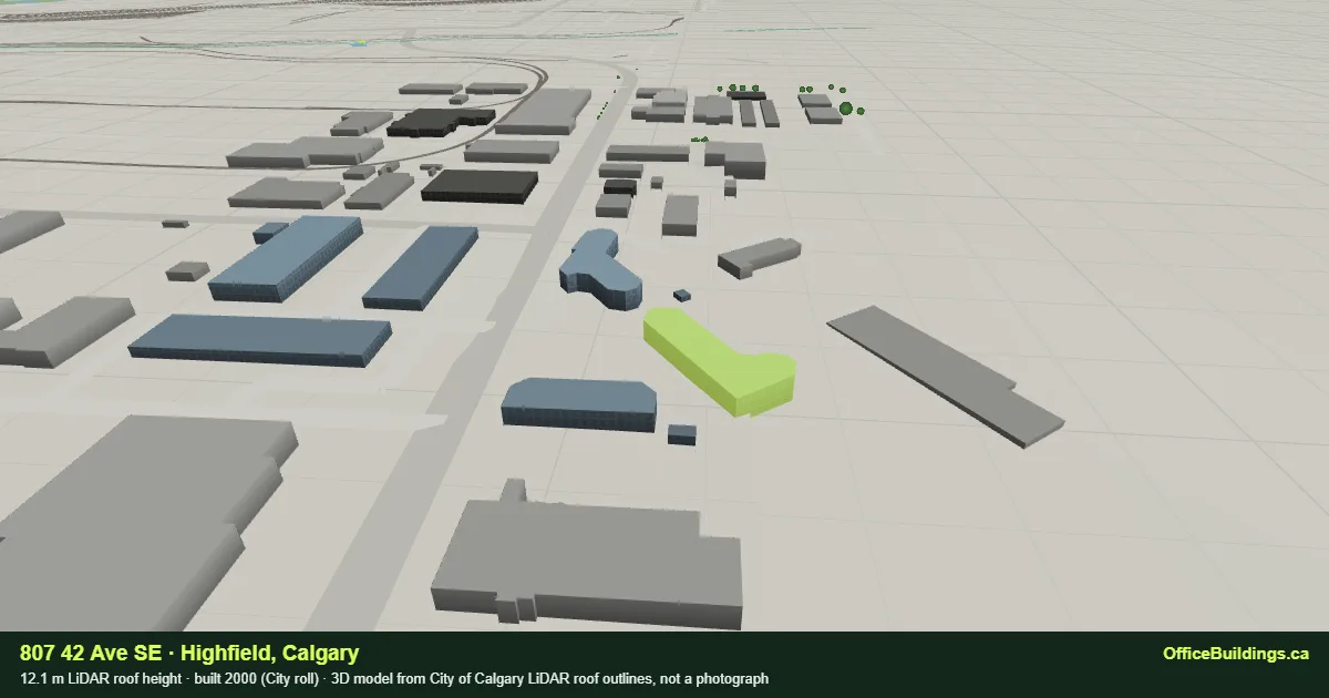 3D render of 807 42 Ave SE, a 12.1 m low-rise office building in Highfield, Calgary, modelled from City of Calgary LiDAR