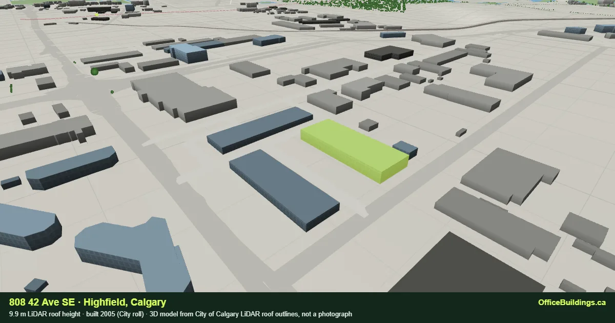 3D render of 808 42 Ave SE, a 9.9 m low-rise office building in Highfield, Calgary, modelled from City of Calgary LiDAR