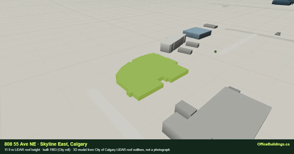 3D render of 808 55 Ave NE, an 11.9 m low-rise office building in Skyline East, Calgary, modelled from City of Calgary LiDAR