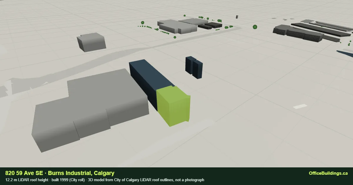 3D render of 820 59 Ave SE, a 12.2 m low-rise office building in Burns Industrial, Calgary, modelled from City of Calgary LiDAR