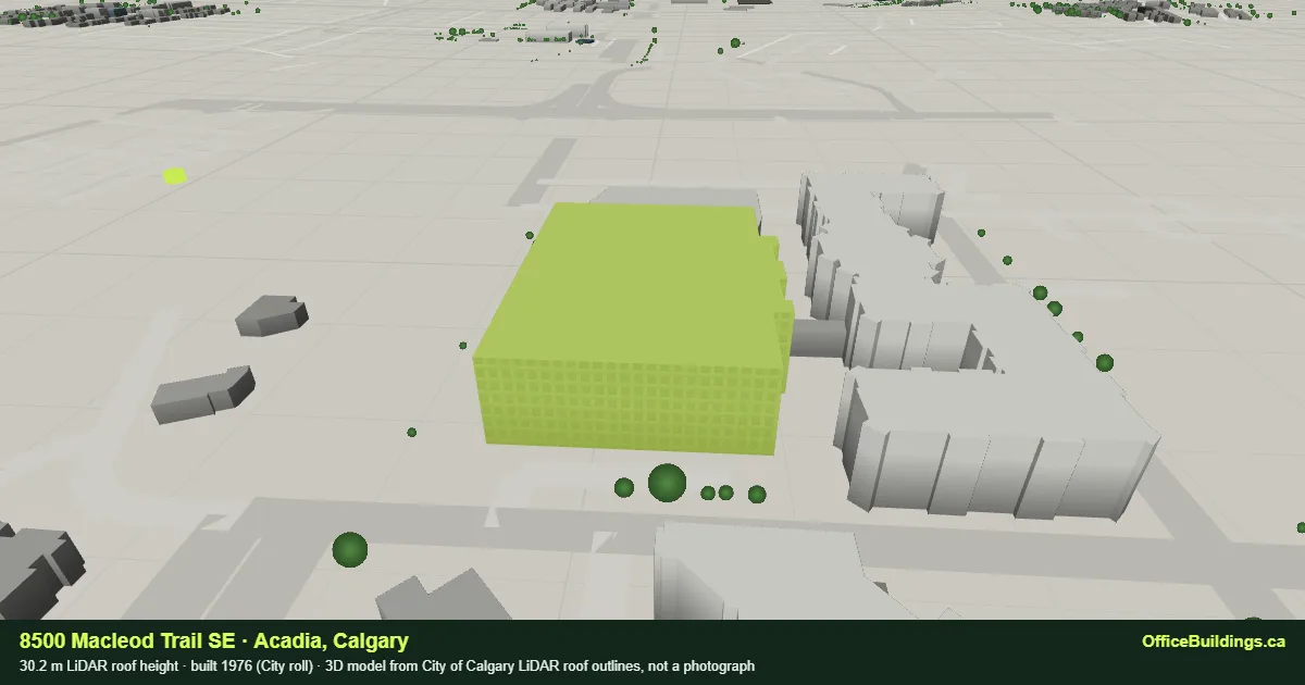 3D render of 8500 Macleod Trail SE, a 30.2 m mid-rise office building in Acadia, Calgary, modelled from City of Calgary LiDAR