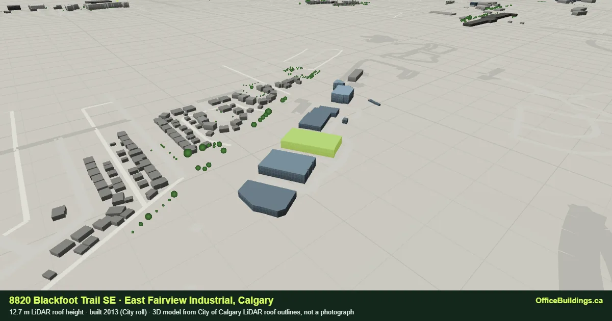 3D render of 8820 Blackfoot Trail SE, a 12.7 m low-rise office building in East Fairview Industrial, Calgary, modelled from City of Calgary LiDAR