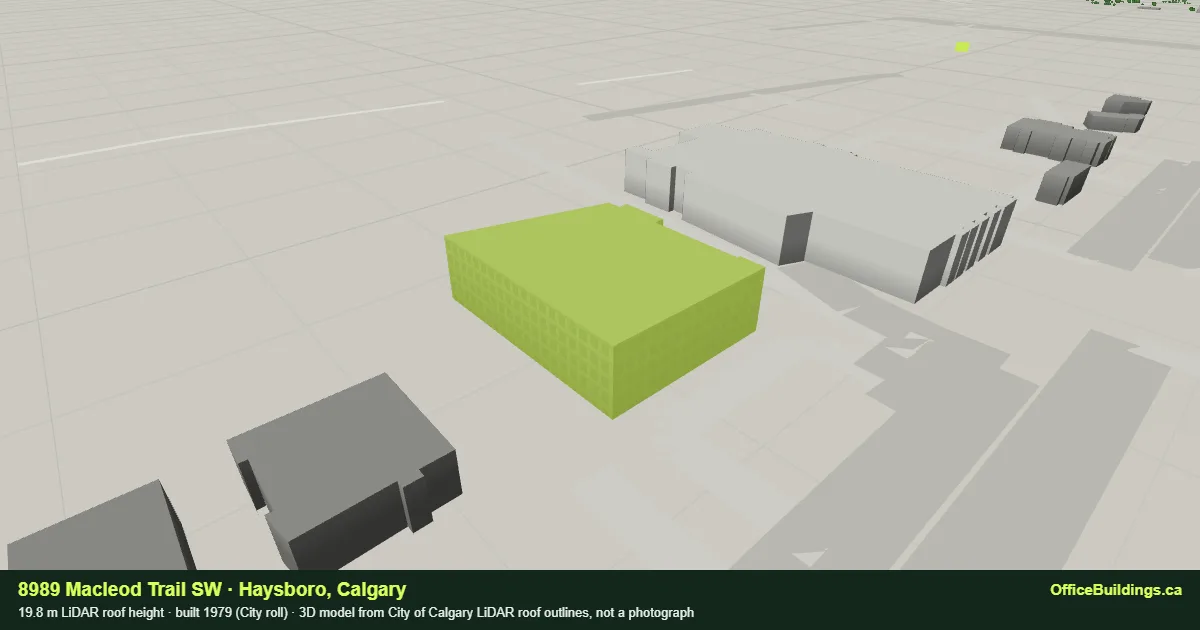 3D render of 8989 Macleod Trail SW, a 19.8 m mid-rise office building in Haysboro, Calgary, modelled from City of Calgary LiDAR
