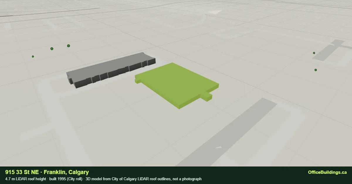 3D render of 915 33 St NE, a 4.7 m low-rise office building in Franklin, Calgary, modelled from City of Calgary LiDAR