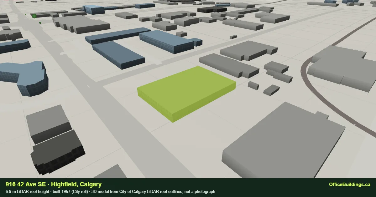 3D render of 916 42 Ave SE, a 6.9 m low-rise office building in Highfield, Calgary, modelled from City of Calgary LiDAR